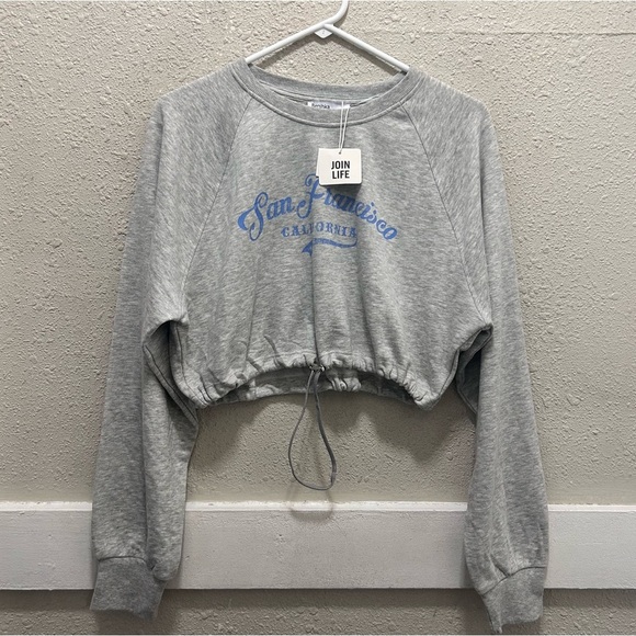 Bershka Grey Cropped Sweatshirt with Stopper Drawstring Waist "SF Cali" NWT M - Picture 3 of 6